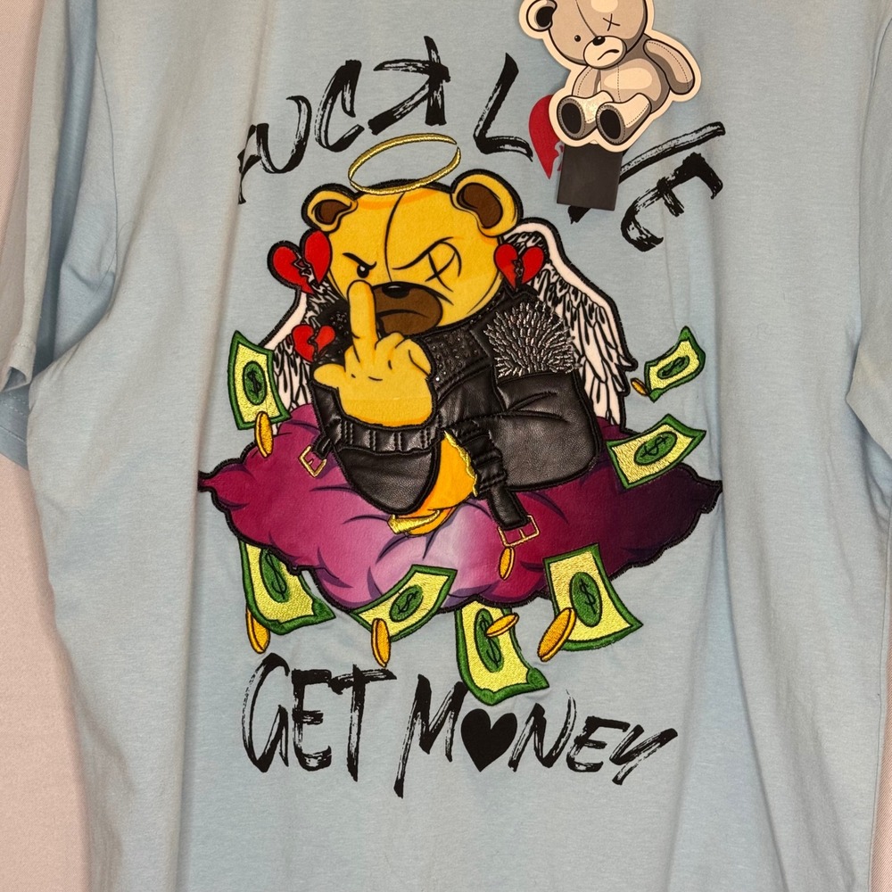 RARE NWT CivilizeD Graphic Textured T-Shirt Teddy Bear Hip Hop Light Blue Mens L